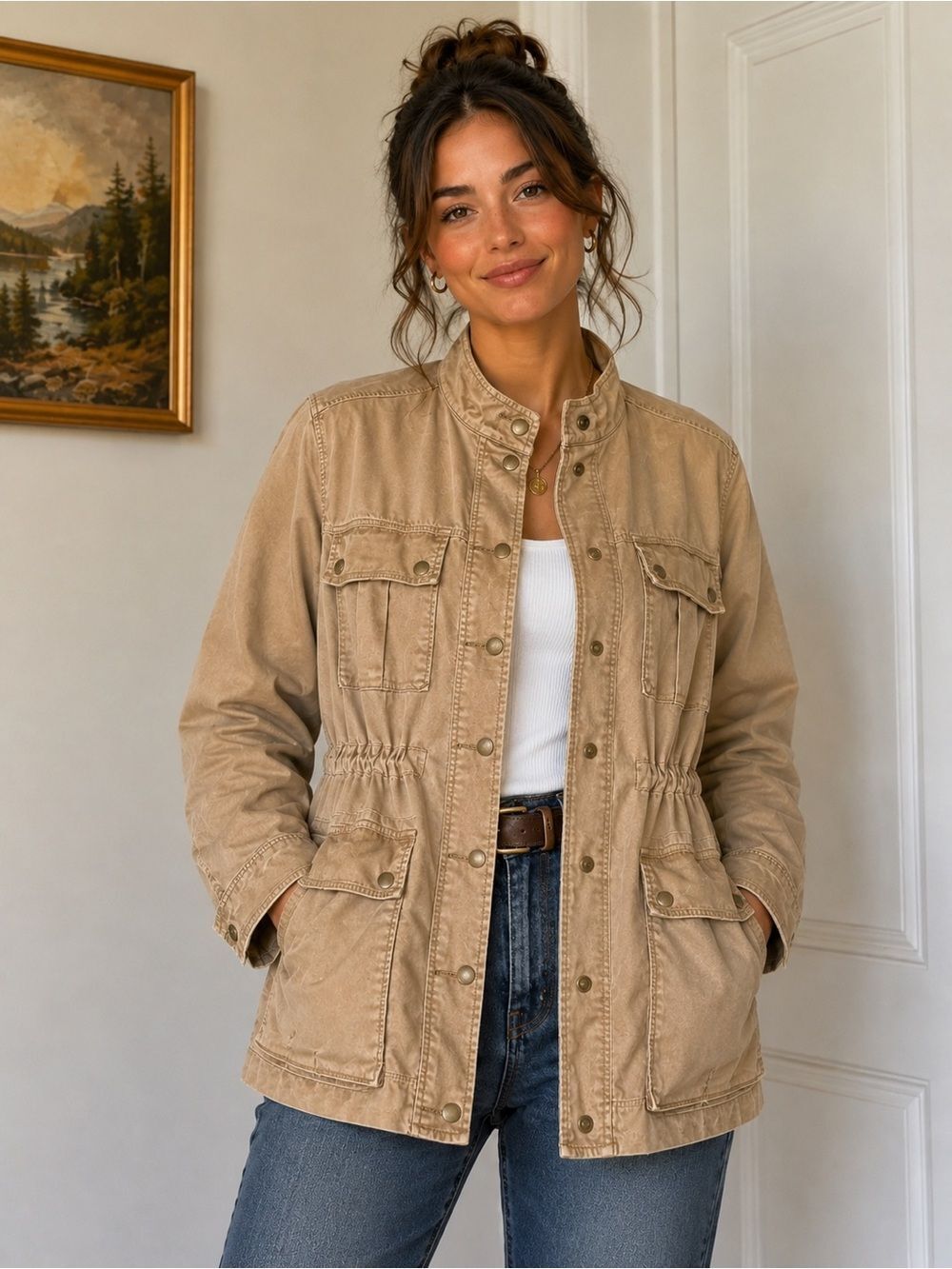 GAP Tan Utility Jacket Women’s Large Safari Military Style Lightweight Coat
